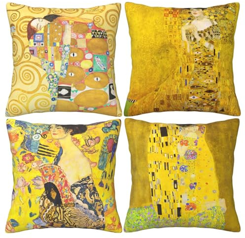 HOSTECCO Gelb Kissenbezüge Set von 4 Gustav Klimt Painting The Kiss Kissenbezüge, quadratisch, dekorative Kissenbezüge für Sofa, Couch, Bett, 45,7 x 45,7 cm