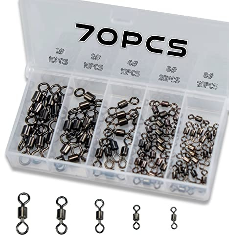 Piscorush 70/210pcs Fishing Swivels Rolling Barrel Swivels Multisize High Strength Stainless Steel Rolling Swivels Fishing Hook Line Connector Angling Accessories (1#10 2#10 4#10 6#20 8#20)