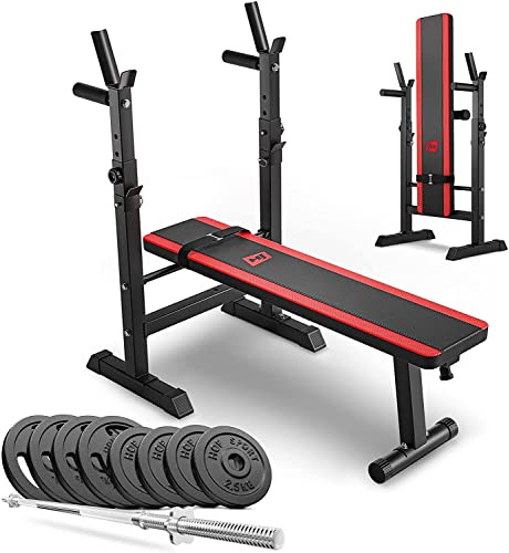HOP-Sport® Banc de Musculation Pliable Plat, Support Barre Longue HS-1080 et Ensemble d’haltères, Disques de Poids en Fonte de 39 kg pour Entraînement Complet à Domicile Charge Max. 270 kg