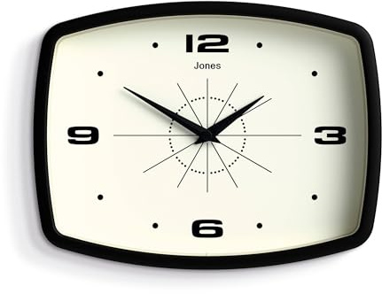 JONES CLOCKS® Movie Horloge Murale | Horloge rétro rectangulaire | 25cm | Noir | Style de Designer Cool du Milieu du siècle pour Cuisine, Salon ou Bureau