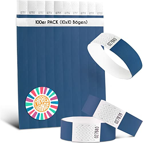 FARBEN BANDE® 100 Einlassbänder Blau/Eintrittsbänder 19mm aus Tyvek/Party Bändchen reißfest, wasserdicht und nummeriert/farbige Partybänder/Einlassbändchen für Party, Festival & Feste