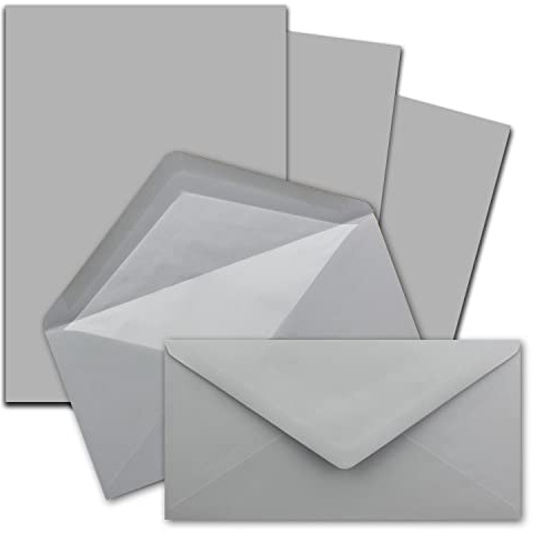 50x Briefpapier-Sets DIN A4 und DL gefütterten Briefumschlägen mit weißem Seidenfutter, Nassklebung - Hellgrau - mattes Schreibpapier