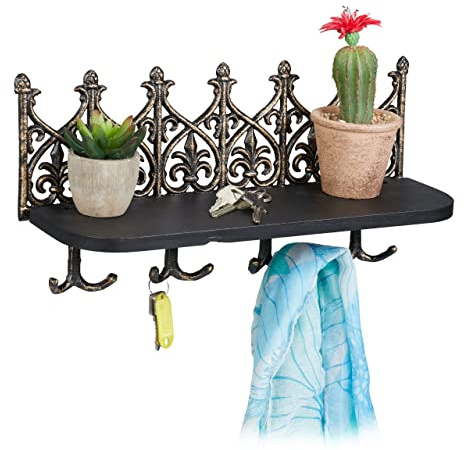 Relaxdays Colgador de Llaves con Balda, Llavero Pared, Pasillo o Entrada, Diseño Retro Hierro Fundido, 8 Ganchos, Bronce