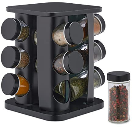Relaxdays Gewürzregal mit 12 Gewürzgläsern, nachfüllbar, mit Streueinsatz, drehbares Gewürzkarussell, Edelstahl, schwarz