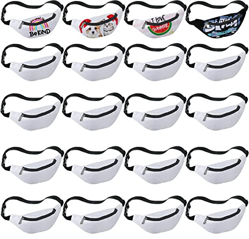 Eccliy 20 Pcs Sublimation Fanny Packs for Women Men White Running Waist Bag Waist Pouch with Adjustable Strap Zipper for DIY Hiking Traveling Biking Festival Sports Outdoors Workout
