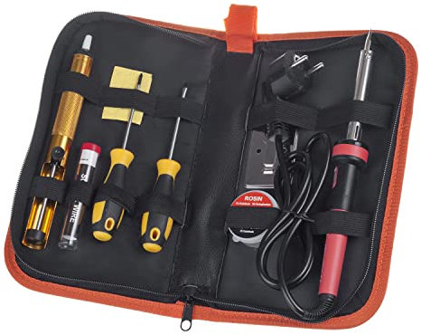 Maclean MCE390 Kit de soldadura 60W con conexión a tierra, estaño, colofonia, extractor, soporte, destornilladores, maletín,