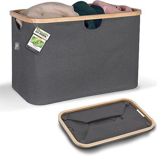 HENNEZ Faltbarer Wäschekorb Grau 60L - aus Stoff mit Bambus - Klappbarer Flach - Collapsible Foldable Laundry Basket - Tragbar Wäschesammler