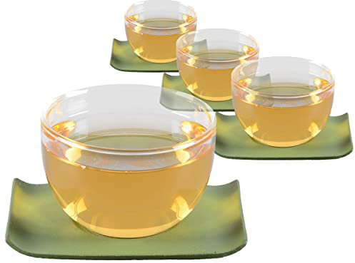 tea4chill 4 x Teetasse Glas mit Untertasse aus Gusseisen in hellgrün, 120ml. Traditionelles asiatisches Set Teebecher Glas mit Untertasse. Ideal Ergänzung für Gusseisen Teekanne.