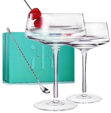 Martini- und Champagner-Coupé-Gläser, 2er-Set mit silbernem Löffel | 10oz | Kristall Luxus, Premium mundgeblasen | Klassische Cocktail- und Glas-Coupés für Manhattan, Cosmopolitan, Sidecar