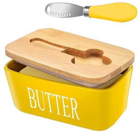 Lovelyduo Ceramic Butter Dish with Bamboo Lid Large Butter Keeper Container with Curler Knife and Double Silicone Sealing Butter Holder Rectangle Yellow