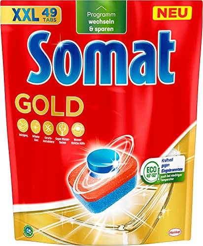 Somat Gold Spülmaschinen Tabs (49 Tabs), Geschirrspül Tabs für strahlend sauberes Geschirr auch bei niedrigen Temperaturen, Extra-Kraft gegen Eingebranntes