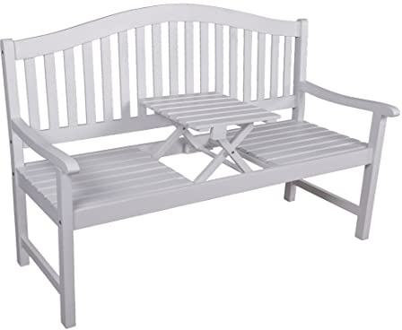 VARILANDO Gartenbank mit hochklappbarem Tisch, Klapptischbank, Bank mit Tisch zum hochklappen, Eukalyptus Holz aus 100% nachhaltigem Anbau (weiß)