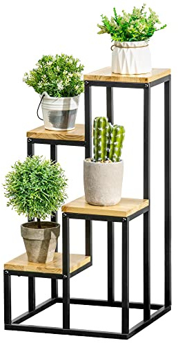 Outsunny Pflanzenregal 4 Ebenen für Garten und Balkon 34 x 34 x 66 cm Natur | Mehrstöckiger Pflanzenständer, Blumentreppe, Tannenholz, Eisen