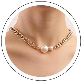 Yienate Punk Chunky Choker Necklace Gold Cuban Link Chain Thick Wide Necklaces Unique Pearl Pendant Necklace Rock Statement Pearl Ball Necklace Charm Jewelry for Women and Girls