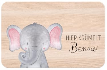 wunderwunsch - Individuelles Holzbrett mit Hochwertigem UV-Druck für Kinder - Personalisiertes Frühstücksbrettchen - Niedliche Motiv-Brettchen mit Namen (Elefant links unten)