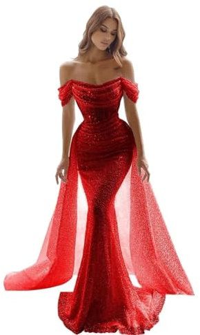 Generisch Glitzernde Meerjungfrau Ballkleider FüR Frauen Pailletten Schulterfrei Abnehmbare Schleppe Formelle Abendkleider Langes Nachlaufendes Ballkleid Purple XS