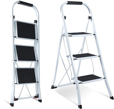 Galvaran 3 Step Ladder – Folding Step Ladder, Portable With Anti-Slip Mat & Comfortable Soft Handgrip, Heavy Duty Steel Step Ladder - Easy to Store Step Ladders, 150KG Max Capacity (3-Step)