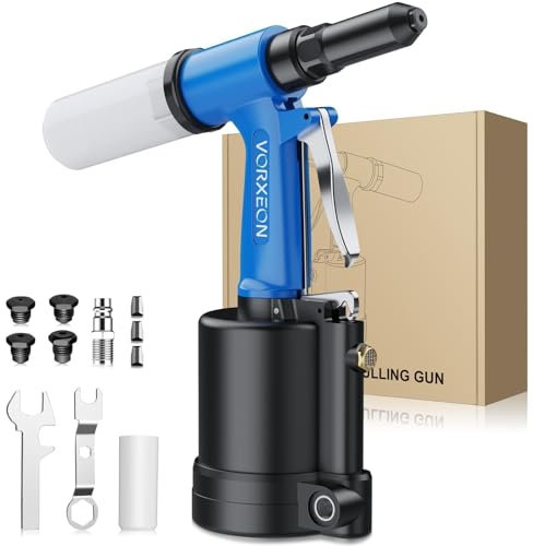 VORXEON Pneumatic Rivet Gun Set 4 Sizes (2.4mm/3/32-4.8mm/3/16), 1408KGF Pulling Force, Air Riveter Ideal for DIY, Garage, and Automotive Use