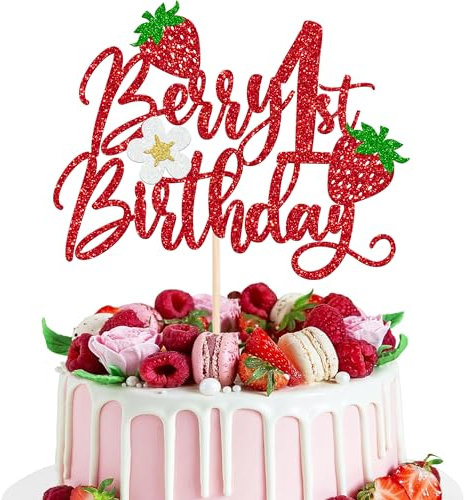 Xsstarmi 1 Pack Berry 1st Birthday Cake Topper Berry First Cake Decorations Sweet Fruit Theme Strawberry BDAY Cake Pick for Strawberry Baby Shower 1st Birthday Party Decorations