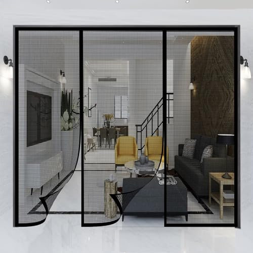 Magnetische Garagen Fliegengittertür für Balkon, 110x240cm, Selbstdichtende Netztür mit Heavy Duty Mesh, Faltbar, Freihändiger Türschutz Insektenschutz, Schwarz