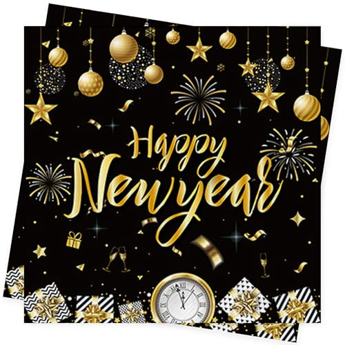 Lot de 80 serviettes en papier jetables pour réveillon du Nouvel An, décorations de table pour le Nouvel An, 33 x 33 cm, fournitures de fête du Nouvel An, 33 x 33 cm, noir et doré