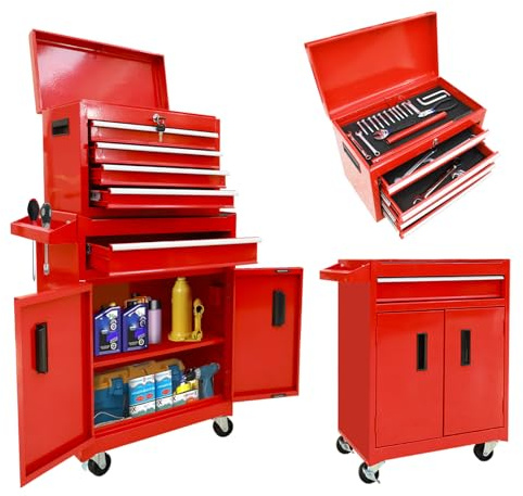 Torin 5-Drawer Rolling Tool Chest: Metal Tool Box with Wheels, Removable Top Tool Box, Liner, Adjustable Shelf and Locking Mechanism for Garage Workshop,Red