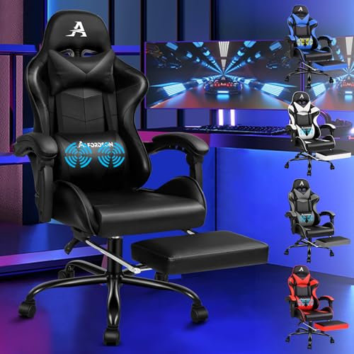 ALFORDSON Videospielstuhl, ergonomischer Bürostuhl, Massage-Rennstuhl, einziehbare Fußstütze, PU-Leder, höhenverstellbar und neigbar, 180 kg Tragkraft, Schwarz