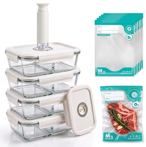 CABIBOX Vacuum Sealer & Food Storage Container for Food, Handheld Vacuum Pump For Glass Vacuum Storage Containers|2 compartment L [34.5 Oz-4 PACK] & 10 Reusable Food Saver Sealer Bags [8.5 Cups]