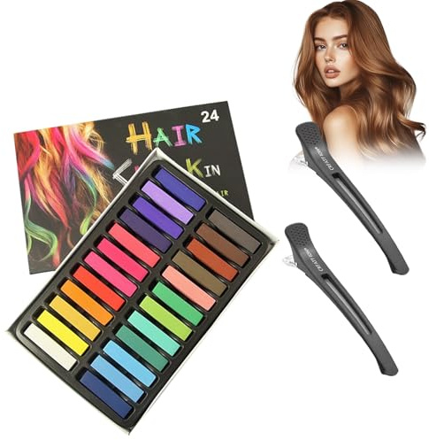 Rostblant 24 Farben Set Hairchalk,Kommt mit 2 kostenlosen Haarspangen für das Styling, Haarkreide, Haarkreide-Set, Haarkreide für Kinder, Haar Kreide, Temporäre Haarfarbe, für Halloween Cosplay