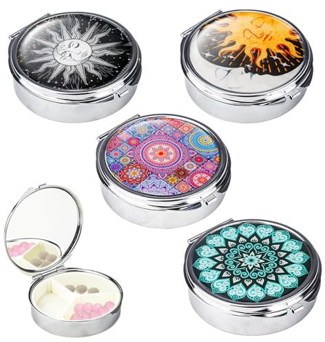 4 Stück Pillendose Klein mit Spiegel, Unterwegs Reise-Kleine Pillenspender, 3 Fächer Medizin Dose, Metall bonbondose Rund, für Eine Pille, Süßigkeiten, Zum Aufbewahren3, Fächer Mit Hülle