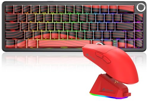 MAMBASNAKE X Attack Shark Conjunto Teclado X65PRO HE de Disparo Rápido y Mouse X11 Gaming, Interruptor Magnético, Precisión RT de 0.01mm 8KHz, Conexiones BT/2.4G/USB-C, Base de Carga Magnética - Rojo