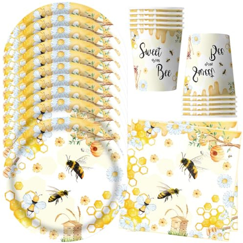 MEZHEN Bee Party Tableware Children's Birthday Decoration Bee Birthday Party Tableware Bee Paper Plates Cups Napkins Birthday Party Summer Party Baby Shower Autumn Table Decoration