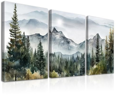 Dazzlewall 3Pcs Framed Wall Art Decor Forest Mountain Watercolor Painting Forest Modern Nature Landscape Poster for Office Bedroom Living Room Decor 12x16 in