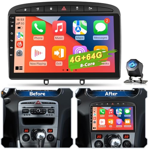 Qualcomm 8 Núcleos 4+64G Autoradio Android para Peugeot 308 408 2007-2015, Radio Pantalla Táctil IPS con CarPlay Android Auto Inalámbrico, GPS WiFi Bluetooth DSP Audio Cámara de Retroceso