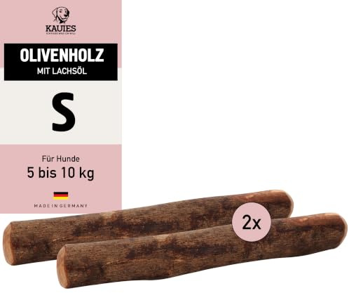 Kauies Olivträ tuggstav för hund med laxolja – 100% naturlig, vegansk och kalorifri – långlevad hundleksak av testat för skadliga ämnen trä, tillverkad i Tyskland, storlek S upp till 10 kg (2-pack)