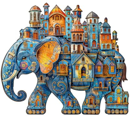 Jigfoxy Elephant House Wooden Jigsaw Puzzles for Adults, 250pcs Unique Animal Shape Wood Puzzles, Birthday Gifts for Family Friend with wooden box(13.4 * 11.7in)
