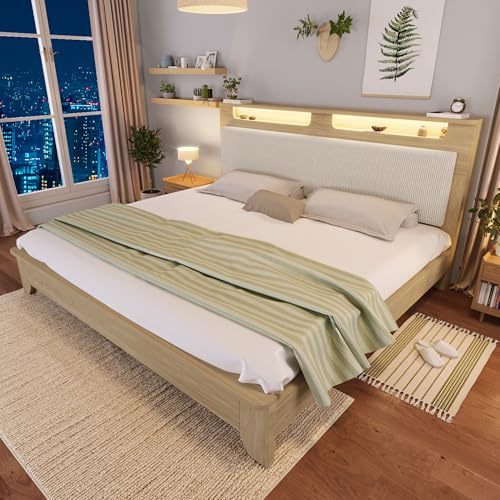 Holzbett Doppelbett 180x200 cm, Kopfteil mit Stauraum & LED-Beleuchtung & Beigefarbener Cordpolster-Rückenlehne, Jugendbett Erwachsenenbett Bettgestell mit Lattenrost, Ohne Matratze, Heller Eiche