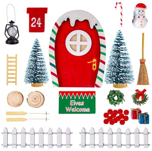 Connextion Wichteltür Set Miniatur Wichtel Zubehör Weihnachten komplettset inkl. Wichteltür mit Zubehör Laterne Weihnachtsbaum Dekokranz Holzleiter Wichtelbesen DIY Starterset für Weihnachten