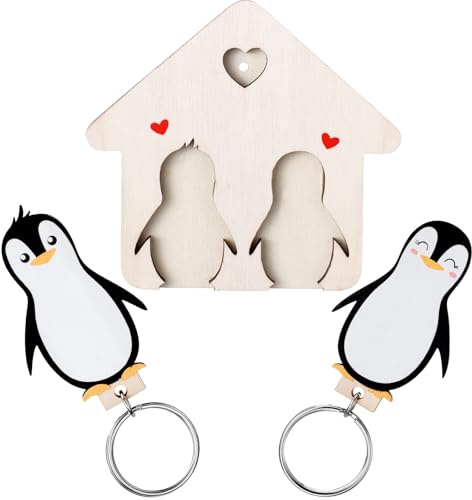 Photect Porte Clés Pingouin Cadeaux en Bois pour Saint Valentin pour Elle et Lui Porte Clés Couple pour Nouvelle Maison Cadeau d'Anniversaire Mariage Anniversaire Noël Femme Mari Fiancée Cohabitation