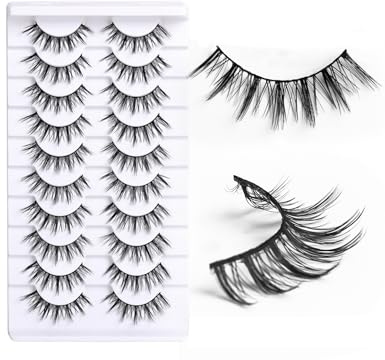 Qaestuan 10 par lösögonfransar, naturliga ögonfransar, fluffiga curly kattögonfransar, återanvändbara lash ärmar, konstgjorda ögonfransar, för daglig makeup, fester