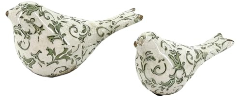 Ceramic Bird Ornaments Set of 2 Vintage Style Home Decor Accessories Ceramic Ornaments with Fine China Inspired Botanical Floral Print Design with Crackled Glaze Finish (Green)