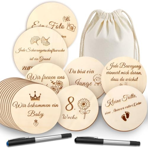 40 Meilensteinkarten Schwangerschaft Holz, inkl. Stoffbeutel & 2 Stifte | Doppelseitig Bedruckt Runde Holzscheiben Ø10 cm, Babybauch Meilensteine Geschenk für Schwangere & werdende Mütter