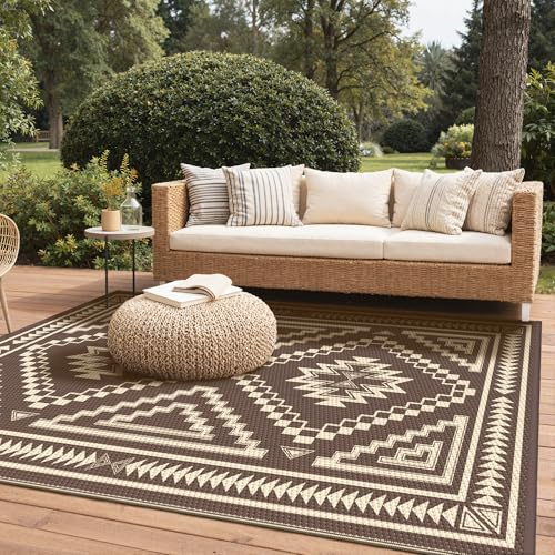 GENIMO Tappeto per Esterni 6x9 FT (183x274 cm), Impermeabile e Reversibile, Losanga Motivo Beige e Marrone per Terrazza Grande, Giardino, Area Relax – Design Boho Chic