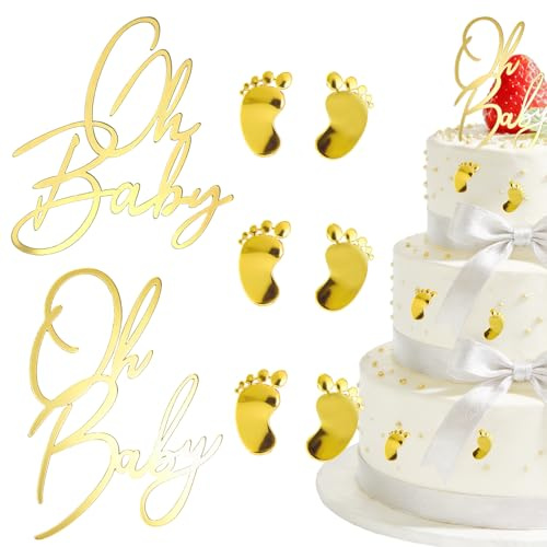 NISENTIA 14 Stück Oh Baby Cake Topper Gold Fußabdrücke, Acryl Gender Reveal Tortendeko Babyparty Deko Babyparty Tortendeko Boy or Girl Windeltorte Zubehör Kuchenaufsatz für Baby Shower Deko