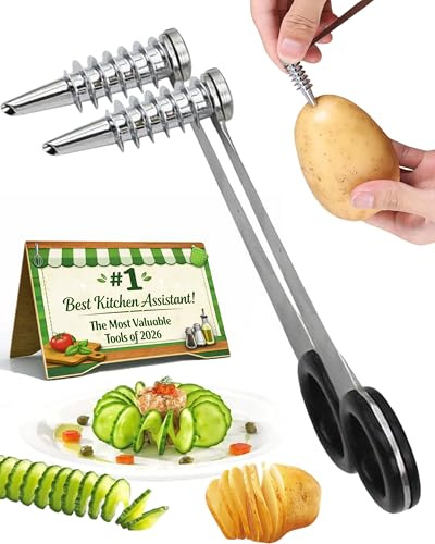 Spiral Cutter for Potatoes, Potato Spiralizer, Manual Stainless Steel Portable Tool for Boiled Eggs, Potato, Cucumber, Carrot, Zucchini & Fruit, Kitchen Gadget (2PCS)