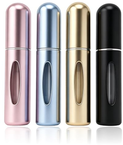zizitips Atomizador de Perfume Portátil Recargable 4x5ml, Mini Vaporizador Perfume Antifugas, Pulverizador de Viaje para Bolso Mujer, Equipaje de Mano Avión, Recarga Fácil Uso Diario Hombre Mujer