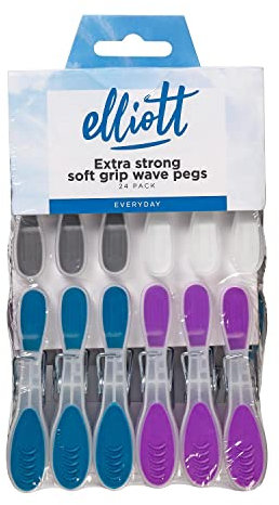 Elliotts Extra Strong, Soft Grip and Non-slip Wave Design Clothes Pegs, 24 Pack in Assorted Colours, BPA Free Laundry Pegs ideal for everyday use for Indoor or Outdoor use