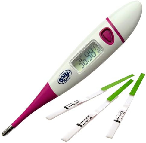BabyMad® Basal Thermometer (HOT Pink) + 30 x Ovulation Tests - Body Temperature Ovulation Test Thermometer (Centigrade) Flexible Tip + Free BBT Fertility Chart