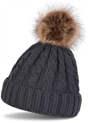 styleBREAKER Unisex Bommelmütze Zopfmuster Kunstfell Bommel | Strickmütze. elastisches Material. Bundweite 22cm. winterfest. Einheitsgröße. weiche Haptik. Fake-Fur Element.