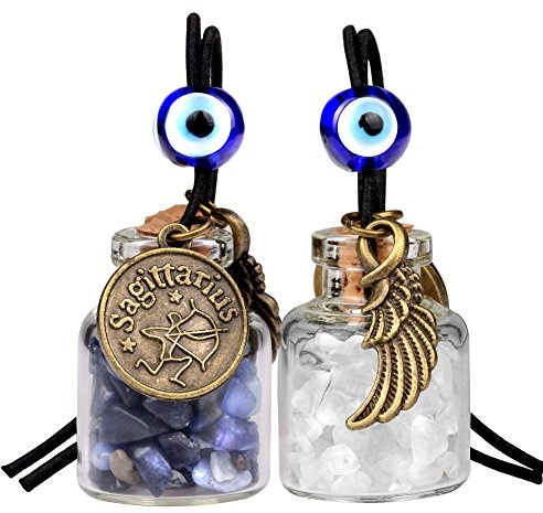 Zodiac Birthstone Car Charms for Rearview Mirror Hanging - Two Gemstone Good Luck Bottles with Evil Eye Protection Bead and Guardian Angel Wing (Sagittarius Sign - Sodalite and Crystal Quartz)